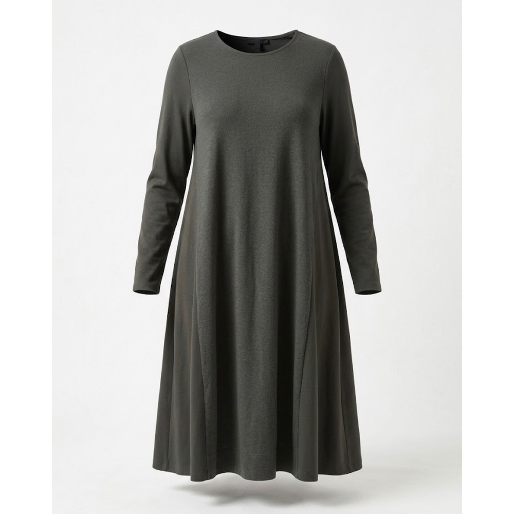 COS Dark Olive Green Wool Cotton A-Line Long Sleeve Swing Dress Size M Scandi